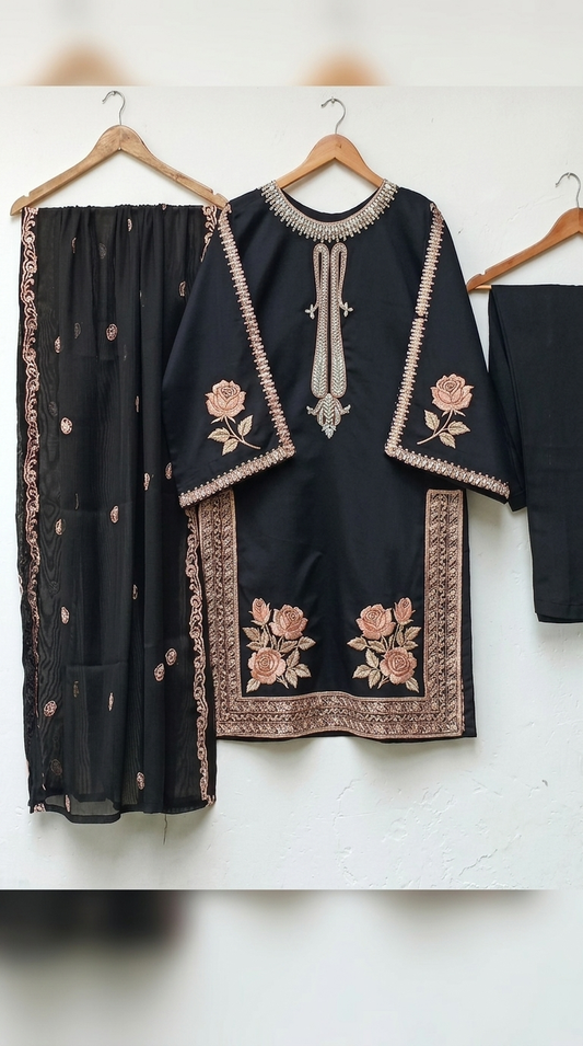Elegant Black Embroidered 3-Piece Suit – Premium Collection