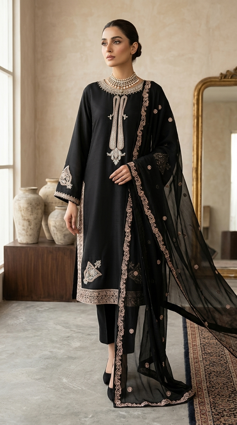 Elegant Black Embroidered 3-Piece Suit – Premium Collection